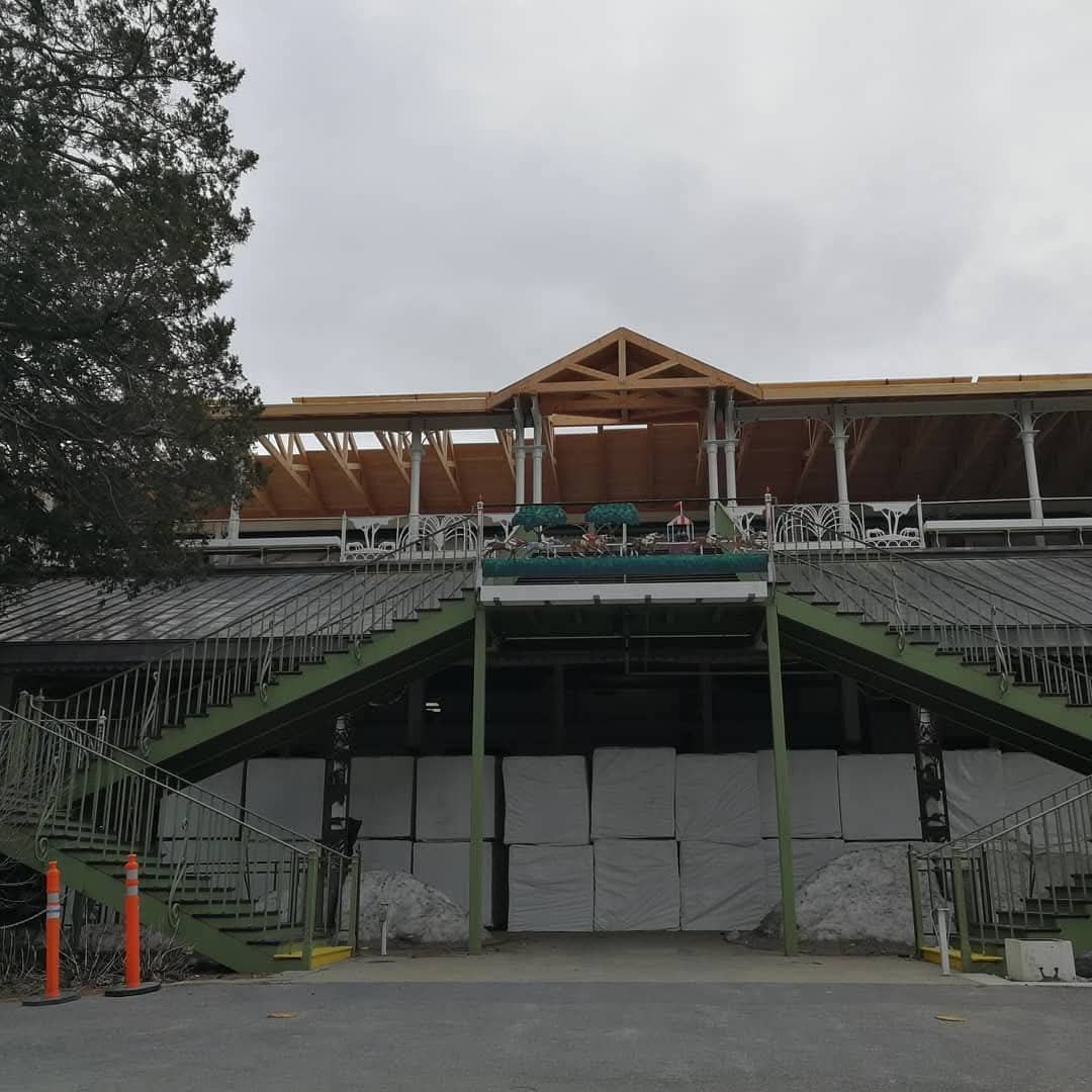 Timber gable over the main entrance stairs at Saratoga Race Course