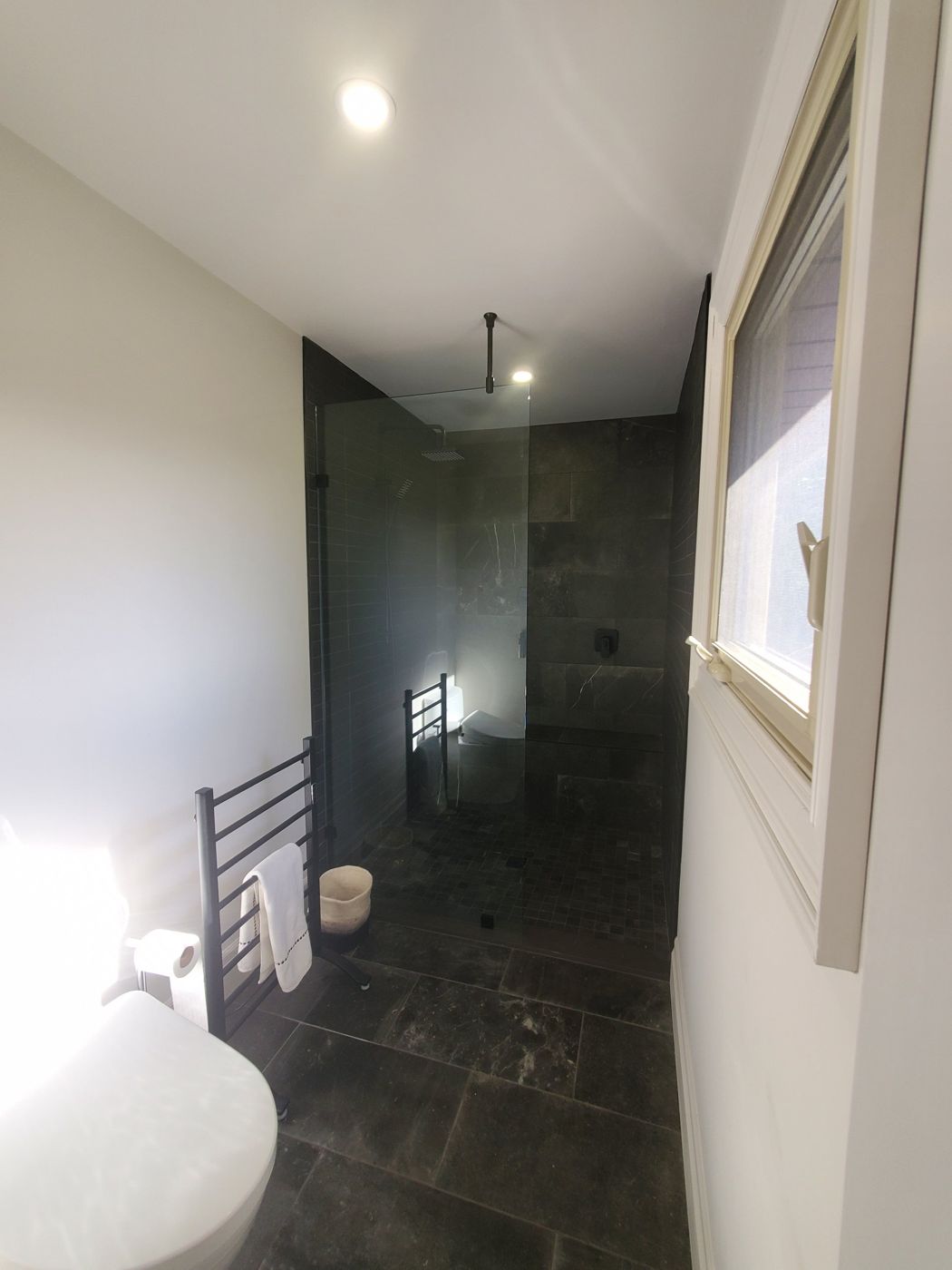 Dark tiled walk-in shower behind a glass panel
